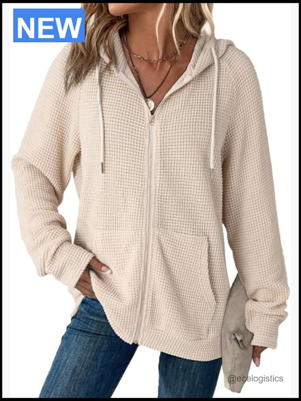 Waffle Knit Zip Up Hoodie Long Sleeve Drawstring Casual Sweatshirt